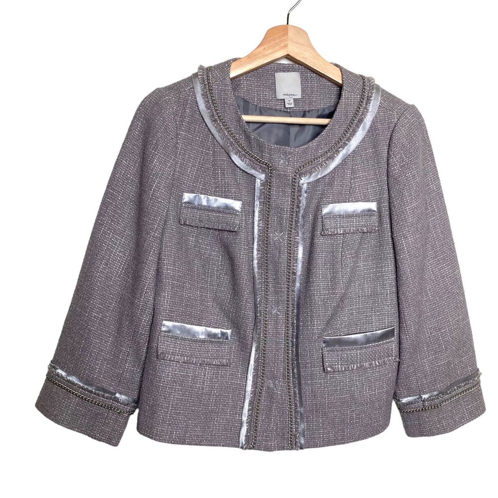 Nordstrom Halogen Cropped Tweed Jacket Gray Silver Chain Snap Button Size Medium